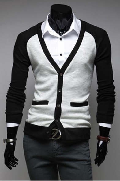 New Stylish Color Block Long Sleeve V-Neck Button Down Slim Fit Cardigan for Men