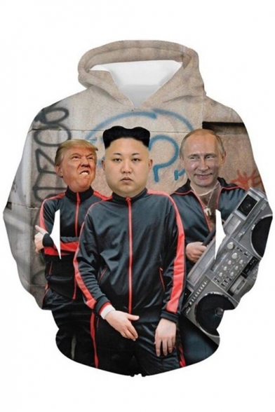 New Stylish Funny 3D Figure Kim Jong Un Trump and Putin Printed Long Sleeve Khaki Casual Pullover Hoodie