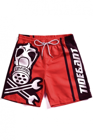 New Stylish Letter Tool Printed Quick-Drying Drawstring Waist Unisex Beach Red Swim Shorts