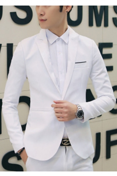 New Stylish Notched Lapel Long Sleeve Single Button Simple Plain Fitted Mens Suit Jacket
