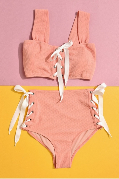 Sexy Simple Plain Lace Up High Waist Bottom Bikini Swimwear