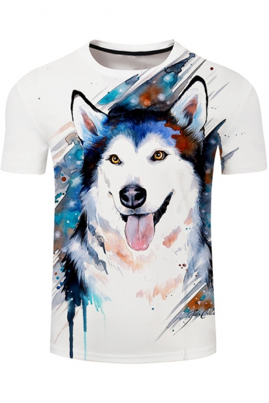 Stylish 3D Letter Dog Printed Short Sleeve Round Neck Mens Casual T-Shirt