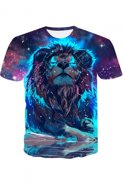 Stylish 3D Lion Galaxy Printed Round Neck Short Sleeve Blue Casual T-Shirt