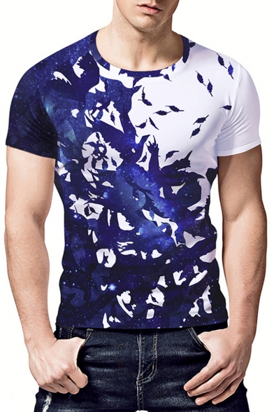 Summer Trendy Galaxy Bird Printed Mens Slim Fit Blue T-Shirt