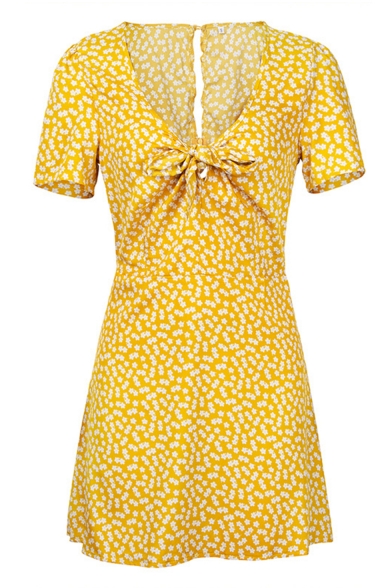 Summer V-Neck Short Sleeves Allover Floral Pattern Bow Front Mini A-Line Dress