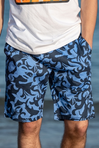 Trendy Allover Marine Organism Printed Drawstring Waist Quick-Dry Loose Beach Swim Shorts for Guys