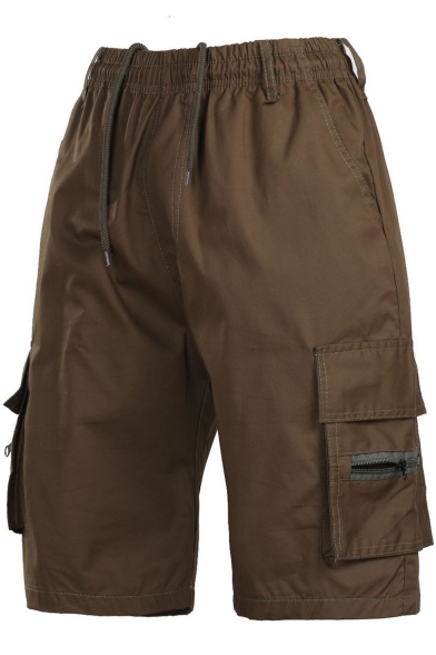 Unique Cool Plain Zipper Patched Drawstring Elastic Waist Men's Summer Cotton Loose Cargo Shorts
