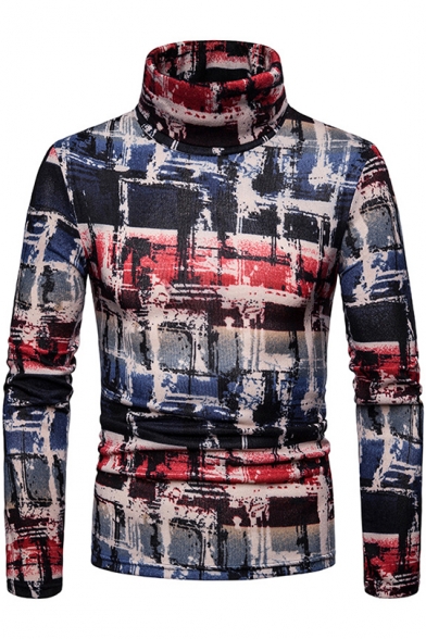 Unique Fashion Colorful Plaid Print High Neck Warm Basic Fitted Pullover Sweater for Men