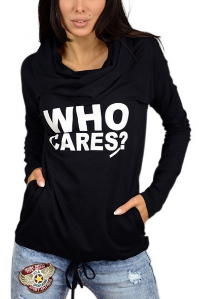 Women's Fashion Letter WHO CARES Printed Cowl Neck Long Sleeve Drawstring Hem T-Shirt with Pockets