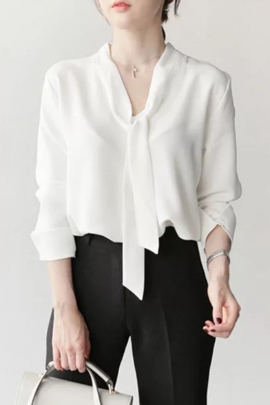 Womens Fashion Simple Plain Tied Collar Long Sleeve Chiffon Blouse