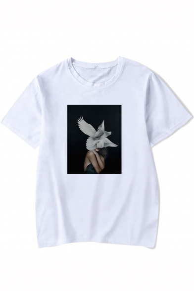 Aesthetics Stylish Figure Birds Printed Round Neck Short Sleeve Unisex Loose T-Shirt