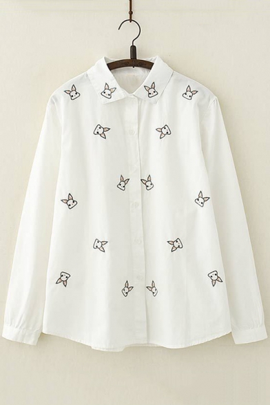 Cartoon Allover Rabbit Embroidered Long Sleeve Loose Cotton White Shirt