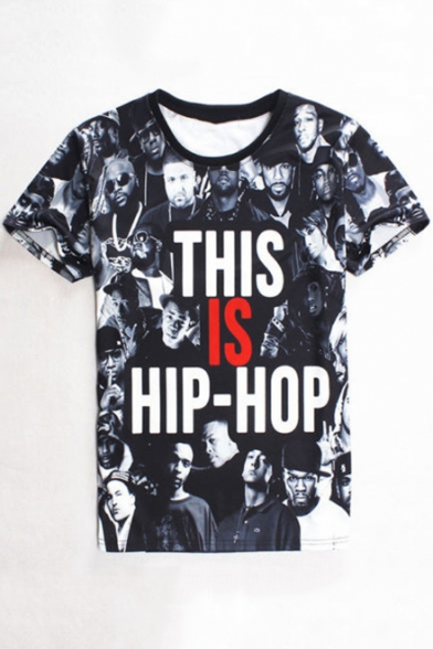 Cool Letter THIS IS HIP-HOP 3D Figure Pattern Short Sleeve Black Tee