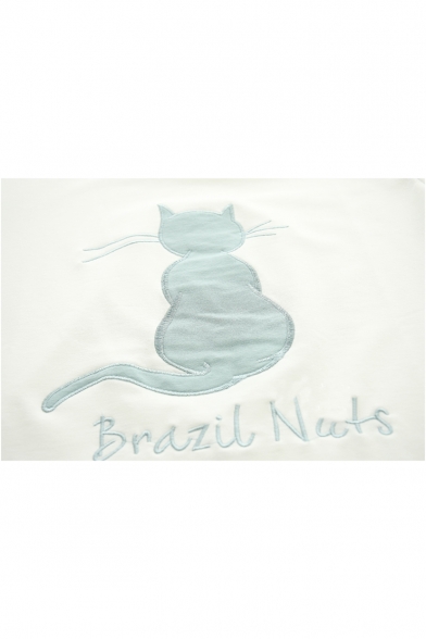 Cute Cat Letter BRAZIL NUTS Embroidered Colorblock Short Sleeve Relaxed T-Shirt