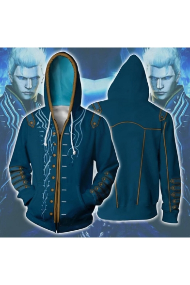 Devil May Cry 3 Comic Cosplay Costume Long Sleeve Zip Up Blue Drawstring Hoodie