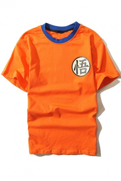 Symbol Printed Contrast Round Neck Short Sleeve Orange T-Shirt
