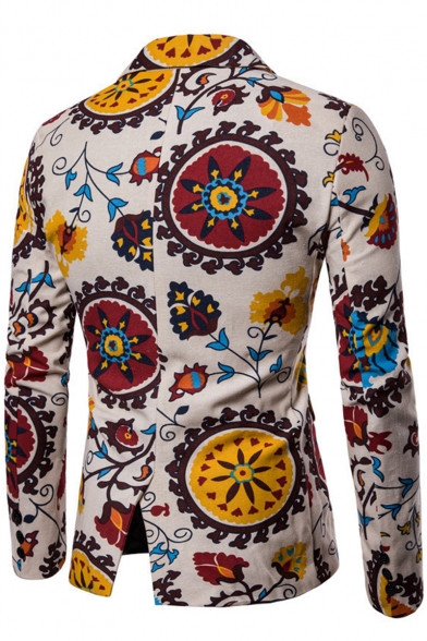 Ethnic Floral Print Long Sleeve Double Button Notched Lapel Mens Khaki Linen Blazer Suit
