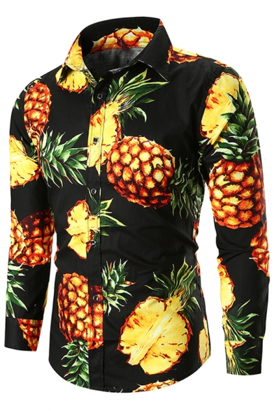 Fancy Allover Pineapple Painted Men's Casual Fitted Long Sleeve Button-Front Shirt