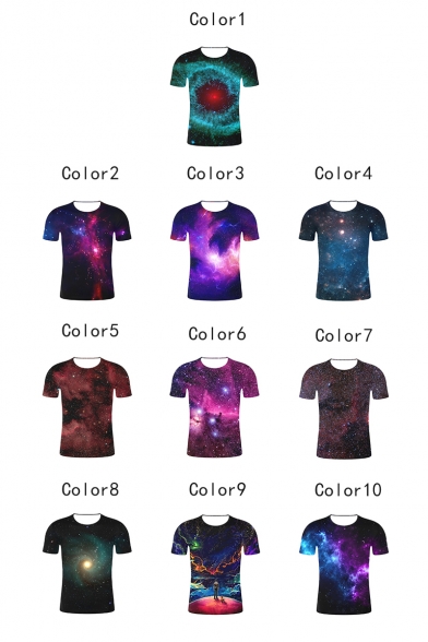 Fashion Color Block Starry Sky Printed Round Neck Short Sleeve Casual Tee