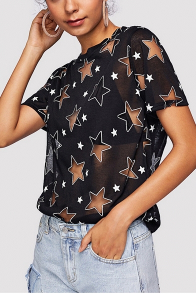 Fashion Hollow Out Five-Pointed Star Pattern Round Neck Short Sleeve Perspective T-Shirt