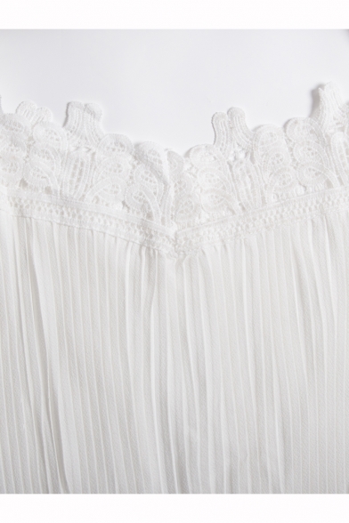 Fashion Sexy Lace Trim Cold Shoulder White Mini Pleated A-Line Dress