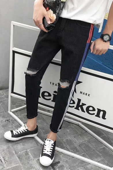 Fashion Striped Side Knee Cut Casual Slim Fit Tapered Ripped Jeans for Guys