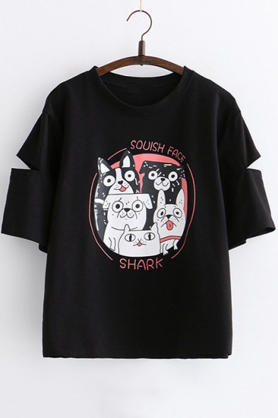 Funny Lovely Dogs Cat Letter Pattern Round Neck Cut Out Short Sleeve Casual Loose Tee
