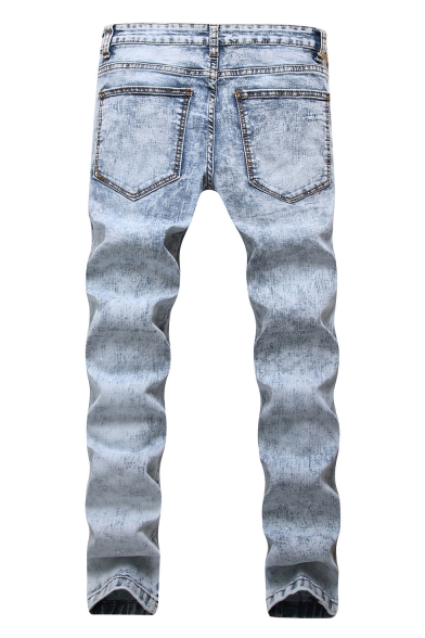 Guys Cool Bleach Washed Zip Embellished Patchwork Ripped Stretch Fit Jeans In Light Blue Beautifulhalo Com