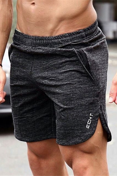 Guys Simple Letter Pattern Zip-Pockets Elastic Waist Dry-Fit Loose Cotton Running Athletic Shorts