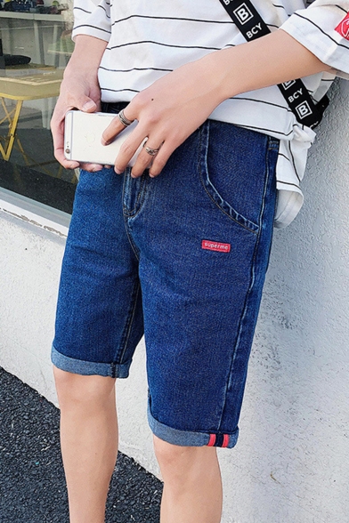 Guys Simple Letter Stripe Rolled Cuff Classic Fit Denim Shorts