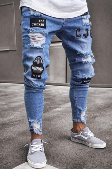 Hip Hop Mens Cool Letter Figure Patched Distressed Slim Fit Ripped Jeans