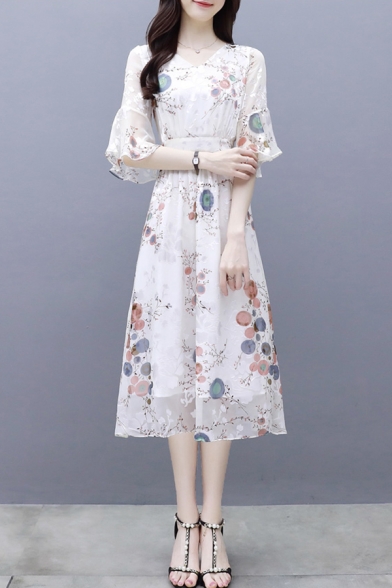 Holiday Floral Printed Half Sleeve Chiffon White Maxi A-Line Dress