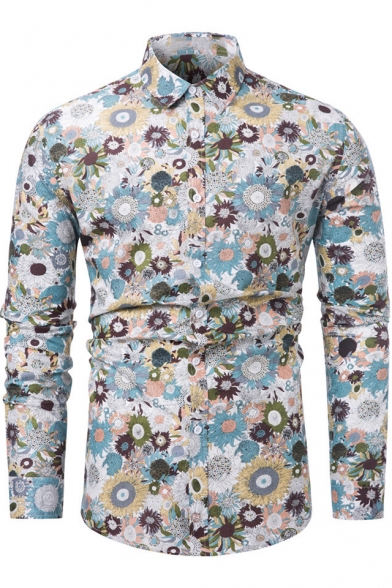 Holiday Stylish Allover Sunflower Printed Men's Casual Fitted Long Sleeve Button-Up Shirt