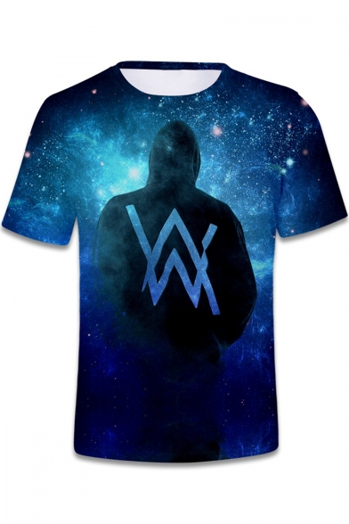 Hot Popular DJ Double W Logo Blue Galaxy Pattern Short Sleeve T-Shirt
