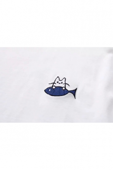 Lovely Cat Fish Embroidery Round Neck Short Sleeve White Pullover T-Shirt