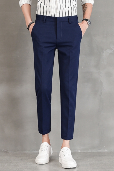 Men's New Stylish Simple Plain Zipper Fly Rolled Cuff Slim Fitted Cropped Dress Pants Suit Pants