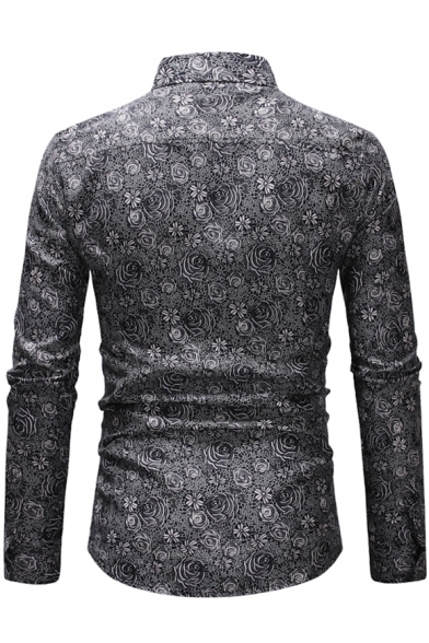 Men's New Trendy Floral Printed Long Sleeve Slim Fit Button Front Shirt