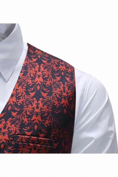Men's Retro Ethnic Floral Printed Buckle Back Button Down Slim Fit Suit Vest