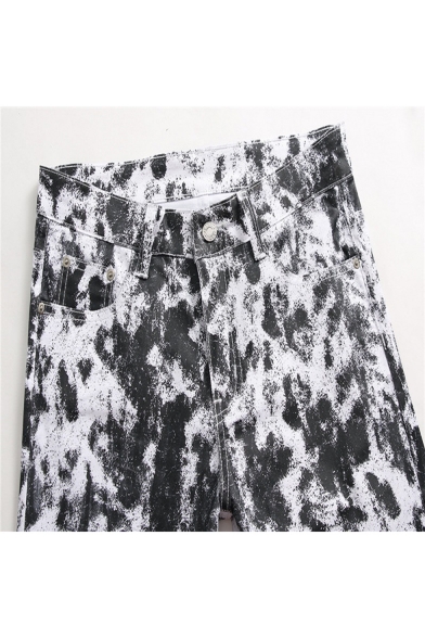 Men's Trendy Cool Leopard Printed Rolled Cuff Stretch Fit Black and White Jeans