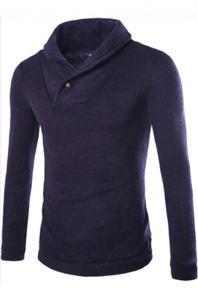 Mens Fashion Turn-Down Collar Button Embellished Long Sleeve Solid Color Slim Sweater