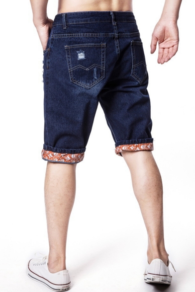 Mens New Trendy Destroyed Ripped Straight Fit Dark Blue Denim Shorts