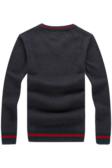 Mens Vintage Green and Red Striped Trim Long Sleeve V-Neck Knit Sweater