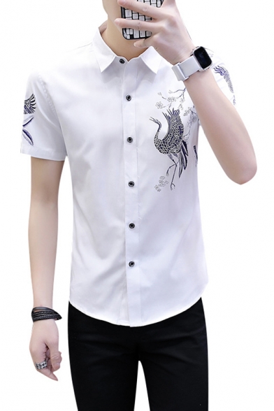 New Arrival Flying Crane Printed Short Sleeve Slim Fit Button Front Shirt for Men