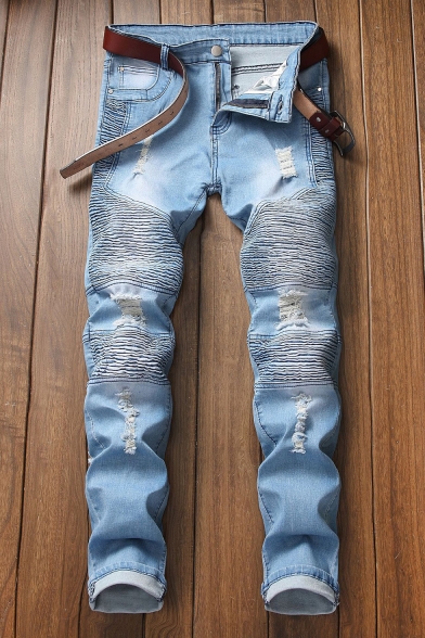 New Fashion Pleated Patched Details Stretch Slim Fit Blue Ripped Biker Jeans for Men