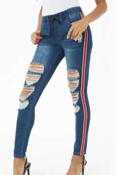 New Fashion Stripe Side Drawstring Elastic Waist Ripped Skinny Blue Denim Jeans
