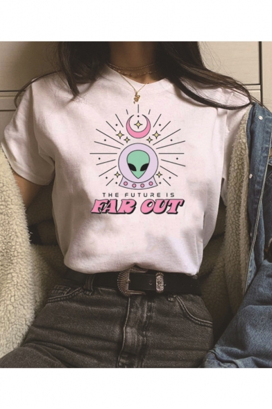 New Stylish Alien Letter FAR OUT Printed Round Neck Short Sleeve Cotton Loose T-Shirt