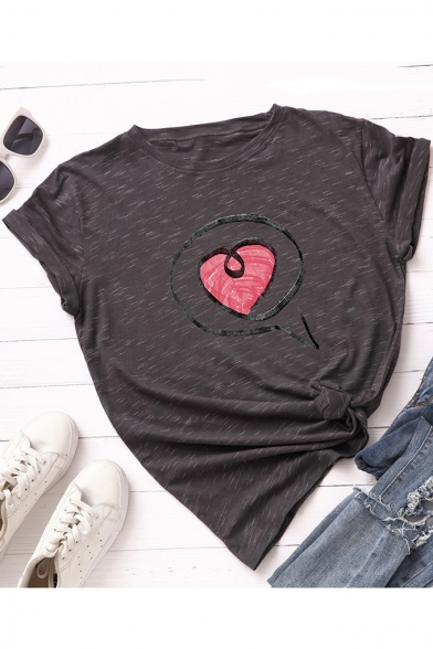 New Stylish Heart Printed Round Neck Basic Loose Cotton T-Shirt