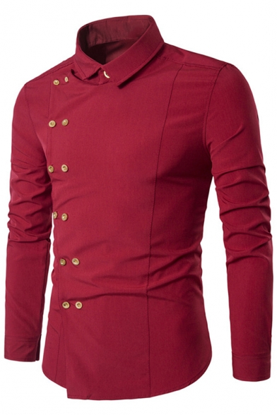 New Stylish Men's Solid Color Irregular Side Double Breasted Fitted Long Sleeve Shirt