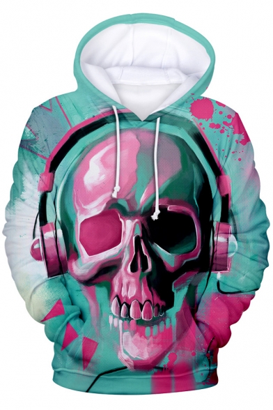 New Trendy Funny Skull with Earphone 3D Printed Long Sleeve Blue Hoodie