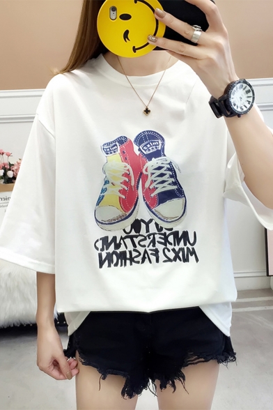 New Trendy Letter Shoes Printed Summer Loose Fit Short Sleeve T-Shirt